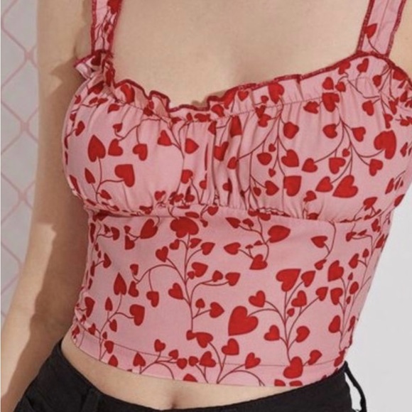 SHEIN pink red heart print all over crop top, size S Barbiecore festival summer - Picture 4 of 14